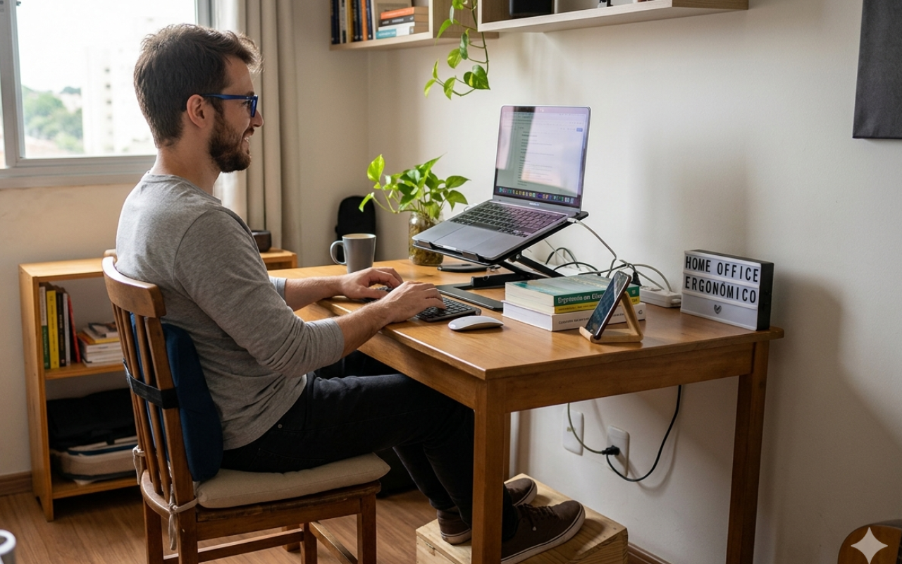 Setup Home Office Ergonômico: Como adaptar sua cadeira comum sem gastar com móveis novos